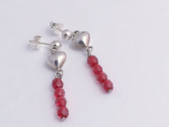 Sterling Silver 4mm ball stud w/ small puffy heart dangle Earrings-Valentine,red