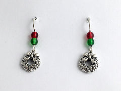 Sterling Silver Christmas Wreath dangle earrings-holiday, holidays, Bow, wreaths