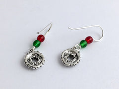 Sterling Silver Christmas Wreath dangle earrings-holiday, holidays, Bow, wreaths