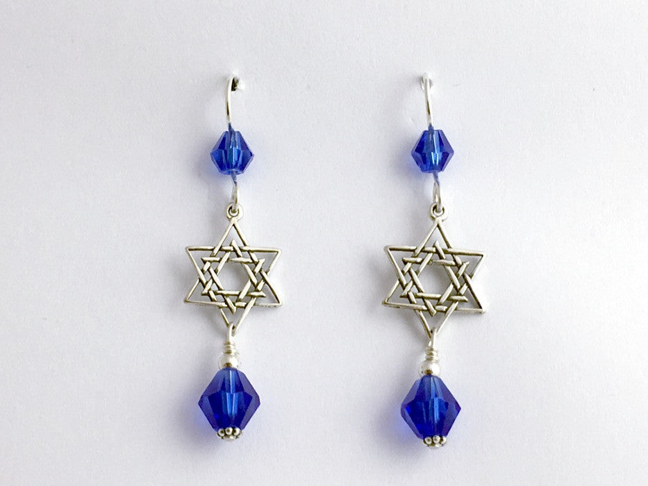 Sterling silver medium double Star of David dangle earrings-judaica-religion, blue
