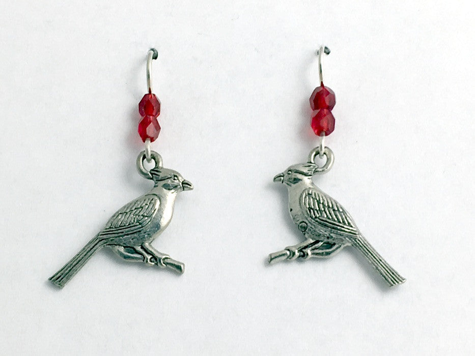 Pewter and Sterling silver cardinal dangle earrings-bird-red, cardinals, birds