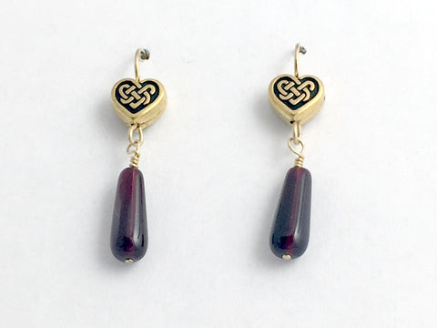 Gold tone Pewter & 14k gf Celtic Knot Heart earrings, burgundy glass, hearts