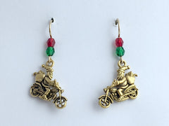 Goldtone Pewter & 14k gf Santa on motorcycle dangle Earrings-Christmas- holiday