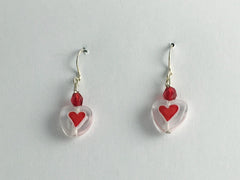 Red & light Pink glass heart dangle earrings-sweetheart,Valentine,love,sterling silver