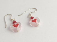 Red & light Pink glass heart dangle earrings-sweetheart,Valentine,love,sterling silver