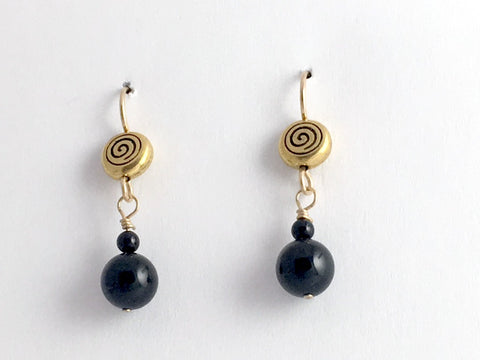 Gold tone Pewter & 14kgf spiral dangle earrings- black Onyx, spirals, Celtic,