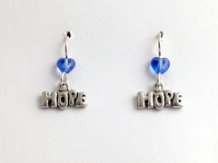 Pewter & sterling silver Hope dangle earrings- blue glass heart - word, team,