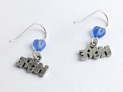 Pewter & sterling silver Hope dangle earrings- blue glass heart - word, team,