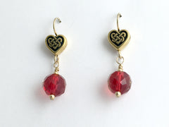 Gold tone Pewter & 14k gf Celtic Knot Heart earrings,red crystal,love,Valentine