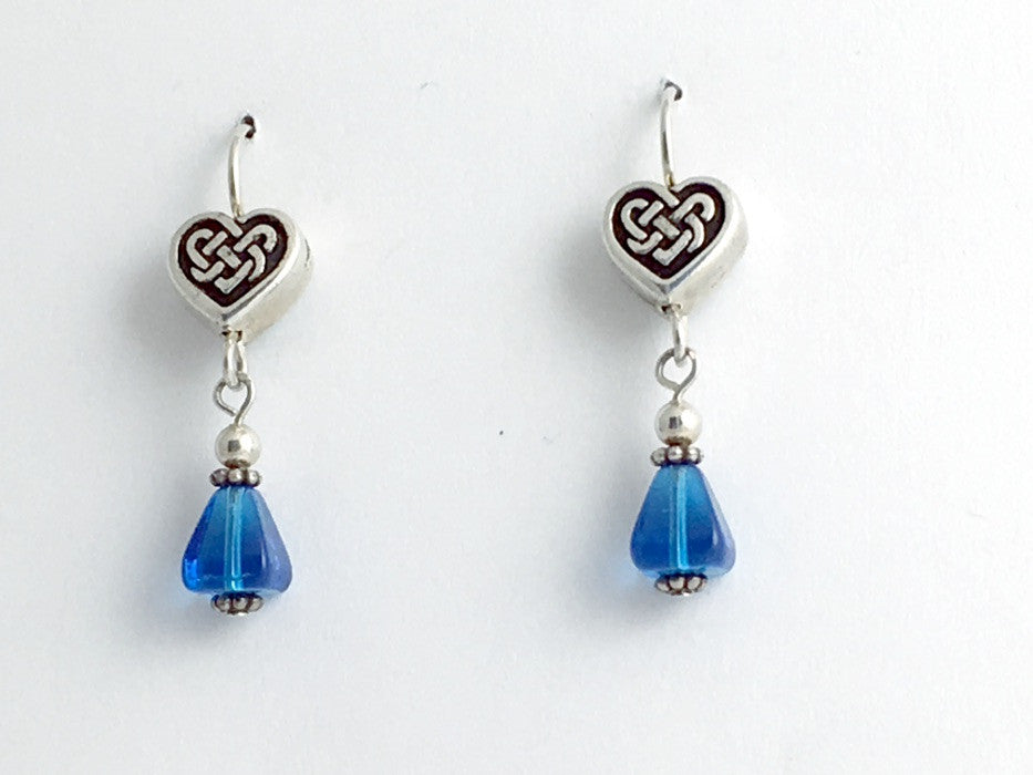 Pewter & sterling silver Celtic Knot Heart dangle earrings-blue glass-Valentine