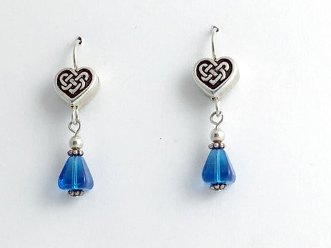 Pewter & sterling silver Celtic Knot Heart dangle earrings-blue glass-Valentine