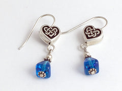 Pewter & sterling silver Celtic Knot Heart dangle earrings-blue glass-Valentine
