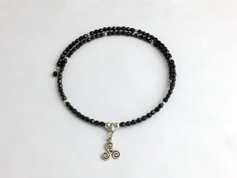 Black  Glass with Sterling Silver Triskelion Centerpiece Memory Wire Choker- Celtic