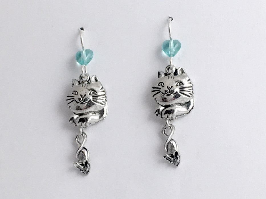 Pewter & sterling silver Cat & Mouse dangle Earrings- cats, mice, feline, kitty