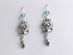 Pewter & sterling silver Cat & Mouse dangle Earrings- cats, mice, feline, kitty
