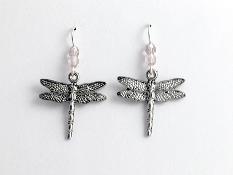 Pewter and Sterling silver dragonfly dangle earrings-dragonflies-insect-lavender