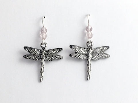 Pewter and Sterling silver dragonfly dangle earrings-dragonflies-insect-lavender