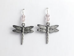 Pewter and Sterling silver dragonfly dangle earrings-dragonflies-insect-lavender