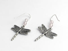 Pewter and Sterling silver dragonfly dangle earrings-dragonflies-insect-lavender