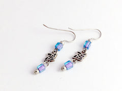 Sterling silver small square Celtic knot dangle earrings-purple/aqua glass,Knots