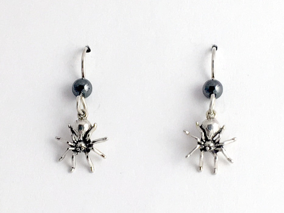 Sterling silver small spider dangle earrings-garden-arachnid, spiders, hematite