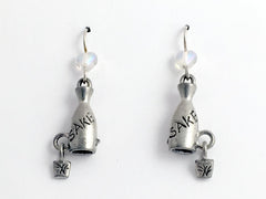 Pewter and sterling silver Sake bottle & cup earrings-rice wine, Japanese, sushi