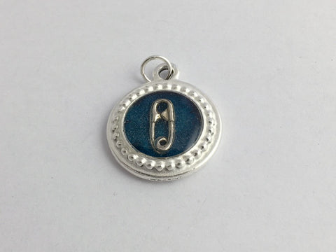 Pewter frame, blue paper, sterling silver safety pin pendant-resin, safe ally