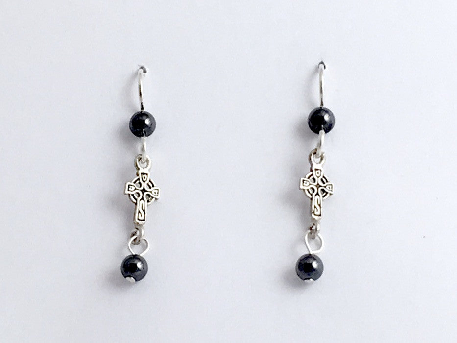 Sterling silver small long celtic cross dangle earrings-hematite,  religion