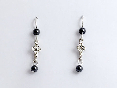 Sterling silver small long celtic cross dangle earrings-hematite,  religion
