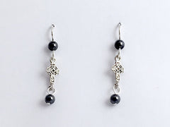Sterling silver small long celtic cross dangle earrings-hematite,  religion