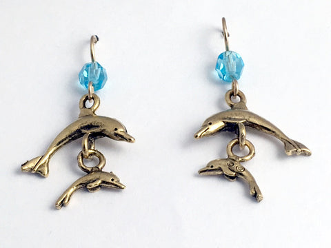 Gold tone Pewter & 14K GF double dolphin dangle  earrings-ocean-dolphins -sea,