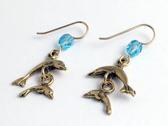 Gold tone Pewter & 14K GF double dolphin dangle  earrings-ocean-dolphins -sea,