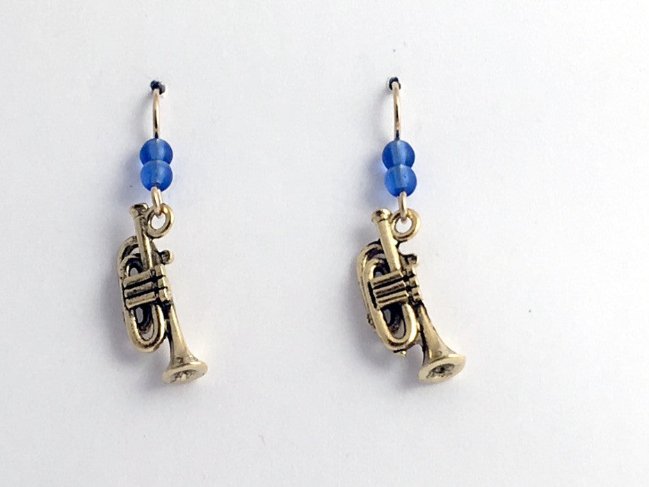 Gold tone Pewter & 14k gold filled trumpet dangle earrings- music,band,trumpets