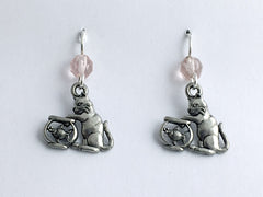 Pewter & Sterling Silver Cat with fish bowl dangle Earrings-naughty kitty, cats,