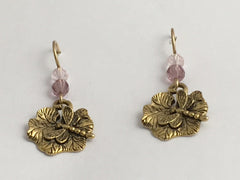 Gold tone Pewter Dragonfly on leaf earrings-14kgf earwire-dragonflies, leaves