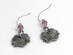 Pewter & sterling silver Dragonfly on leaf dangle earrings, dragonflies, leaves
