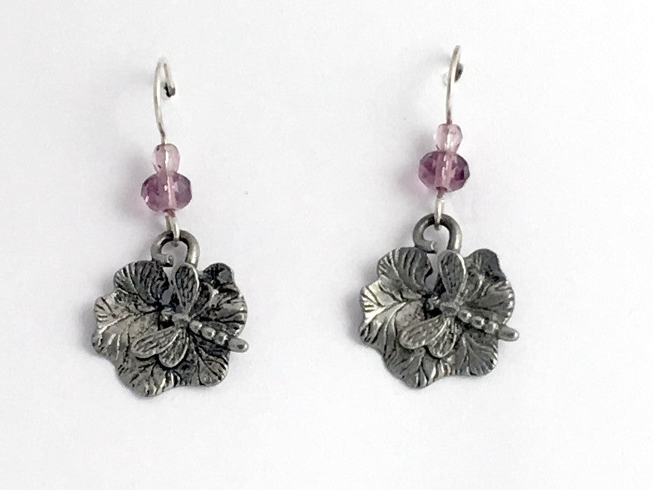 Pewter & sterling silver Dragonfly on leaf dangle earrings, dragonflies, leaves