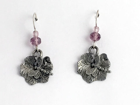 Pewter & sterling silver Dragonfly on leaf dangle earrings, dragonflies, leaves