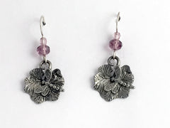 Pewter & sterling silver Dragonfly on leaf dangle earrings, dragonflies, leaves