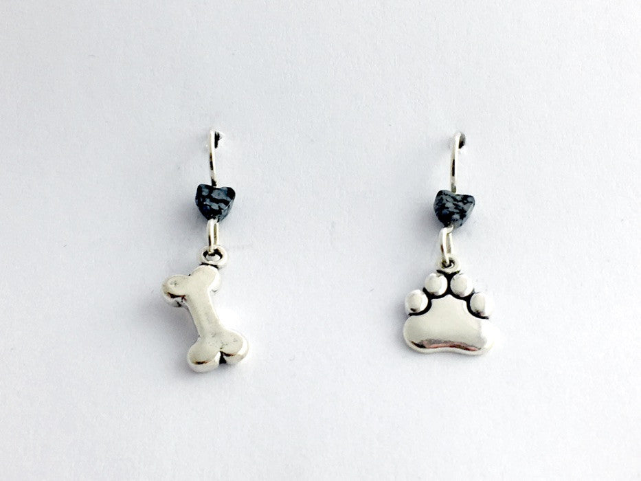 Sterling silver paw print & bone dangle earrings-dog-canine, dogs, paws, bones
