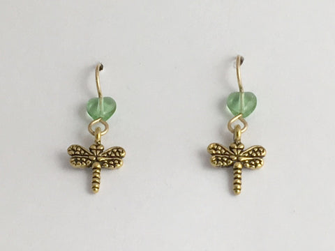 Gold tone Pewter small Dragonfly dangle earrings-14kgf earwire- dragonflies,glass