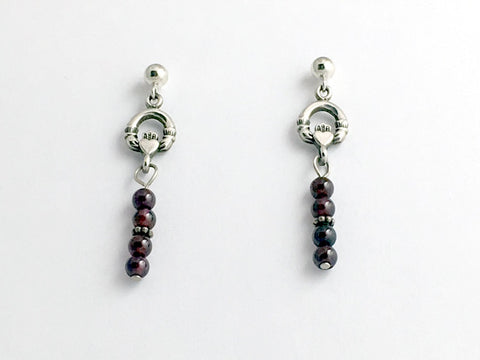 Sterling Silver 4mm ball stud w/ small Claddagh dangle Earrings-garnet, January