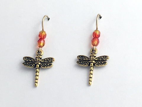 Goldtone Pewter Dragonfly dangle earring-14kgf earwire,insect,dragonflies,orange