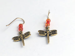 Goldtone Pewter Dragonfly dangle earring-14kgf earwire,insect,dragonflies,orange