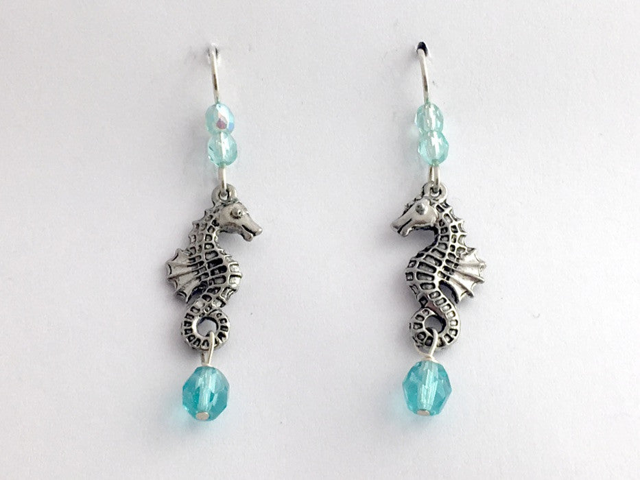Pewter & Sterling silver sea horse dangle earrings-ocean, seahorse, sea, marine