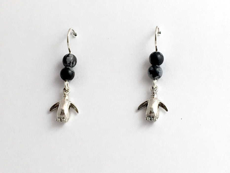 Sterling silver small penguin dangle earrings-bird- obsidian- penguins, birds