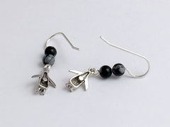 Sterling silver small penguin dangle earrings-bird- obsidian- penguins, birds