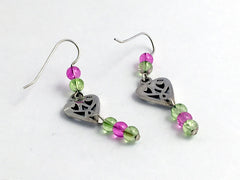 Sterling Silver Celtic Knot Heart dangle Earrings-pink/green glass,knots, hearts