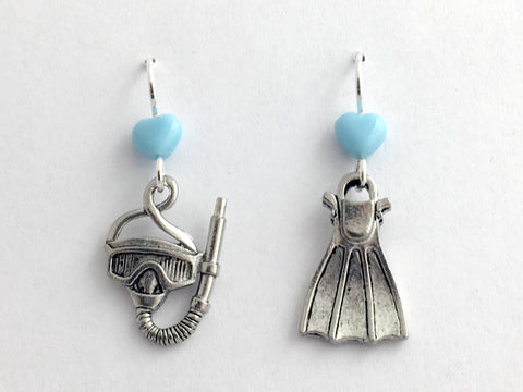 Pewter & Sterling silver Snorkel, Mask & Fin dangle earring- Flippers, Dive, Scuba