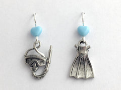 Pewter & Sterling silver Snorkel, Mask & Fin dangle earring- Flippers, Dive, Scuba